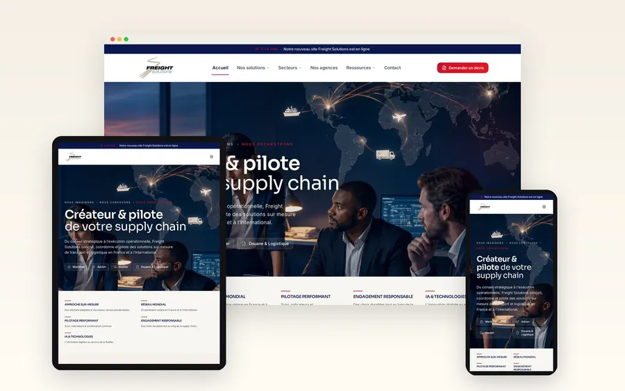 Le nouveau site Freight Solutions affiché sur desktop, tablette et mobile